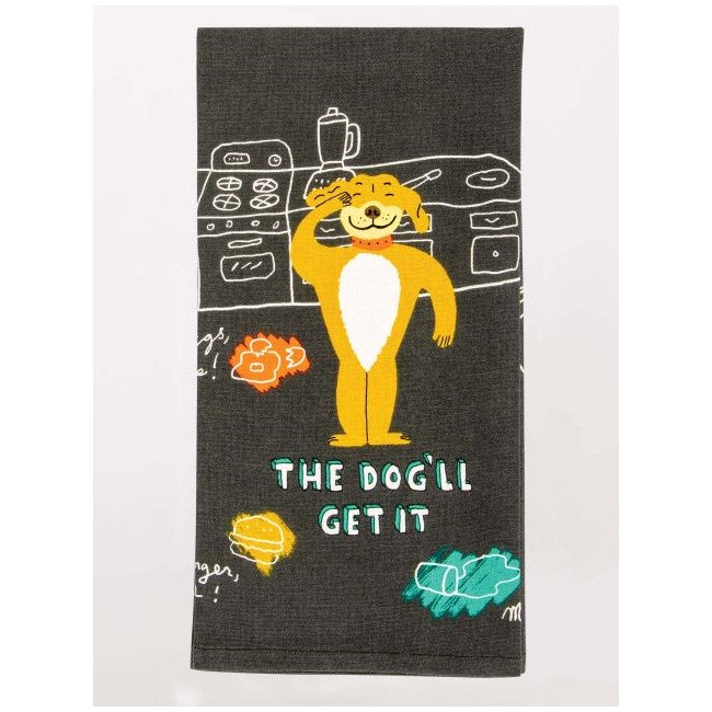 Illustrated dog on a kitchen towel with text "THE DOG'LL GET IT."