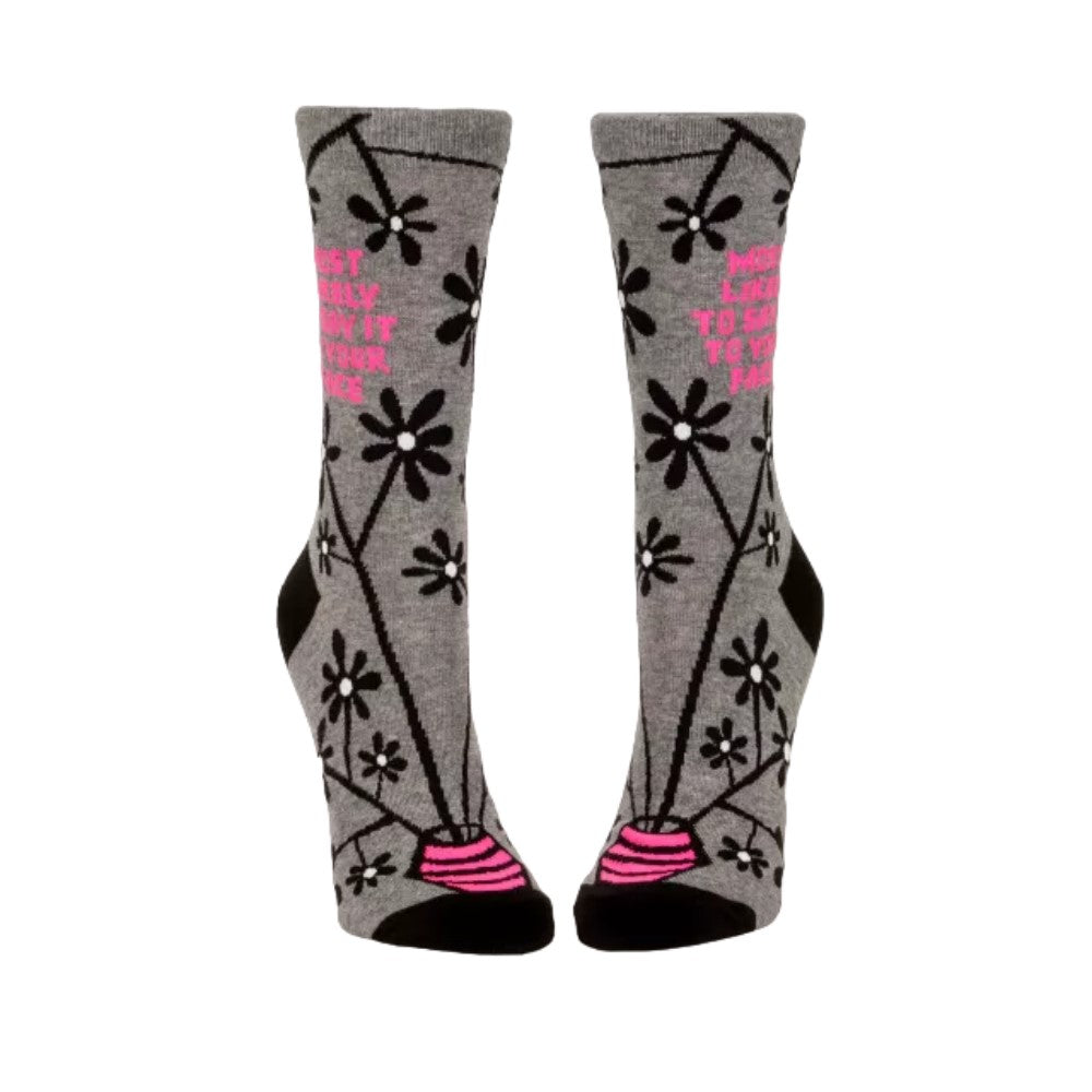 Gray socks with black floral pattern and pink text details.