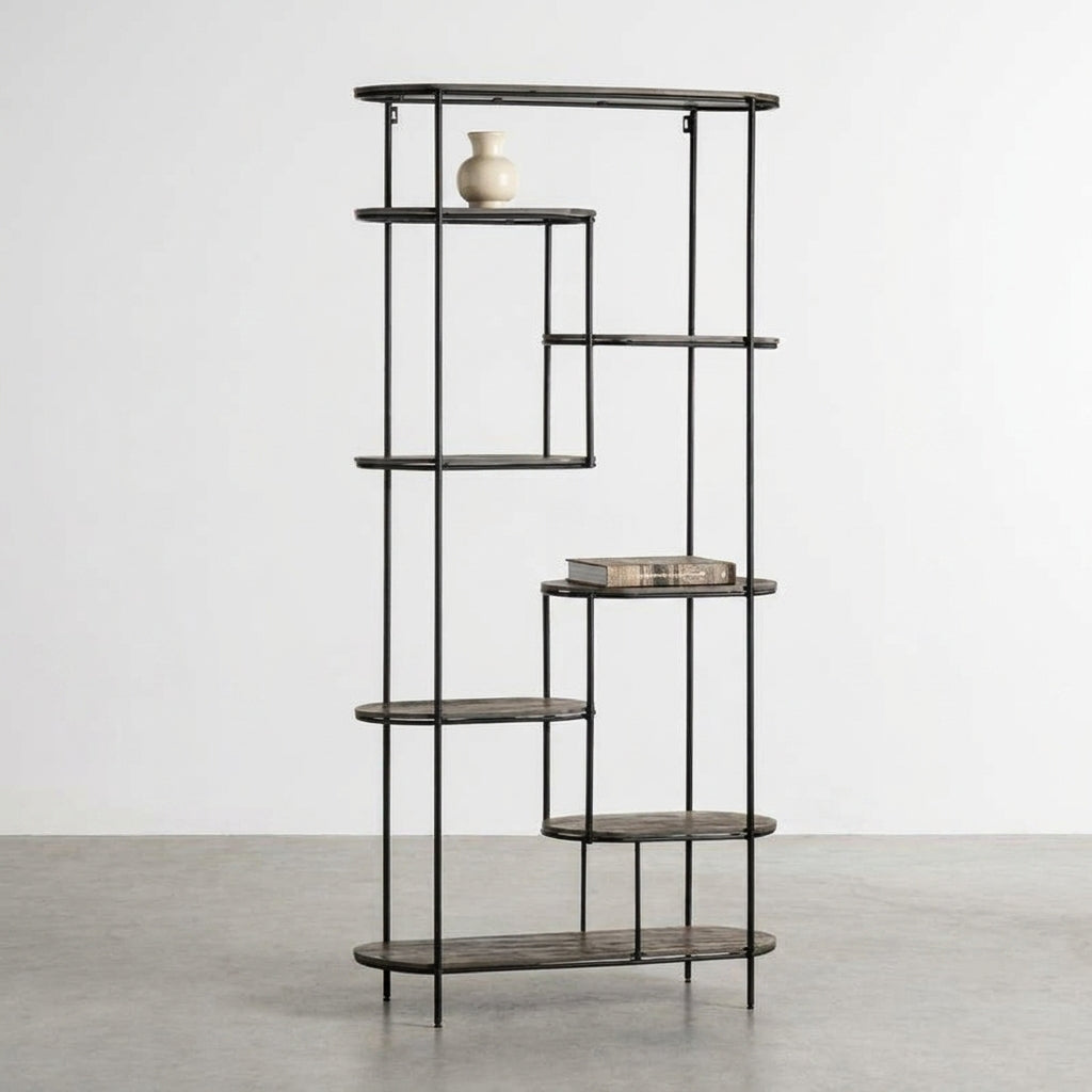 Modern open bookshelf with vase and books, minimal design.