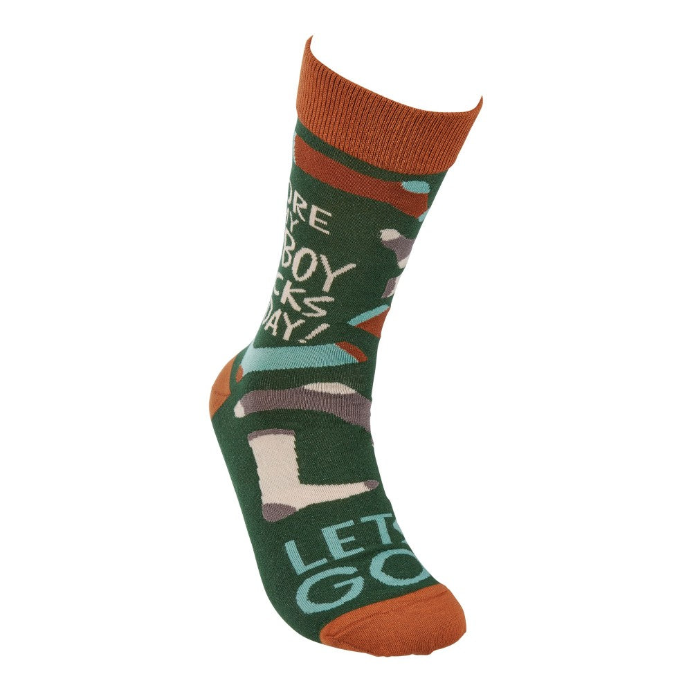 Colorful sock with text design and orange accents.