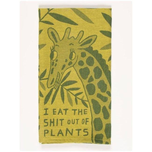 Giraffe towel with humorous text about eating plants.