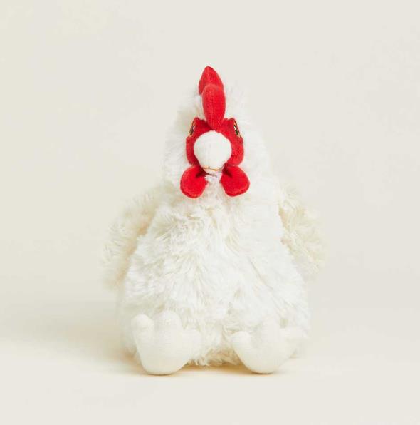 Fluffy white plush chicken with a red comb.