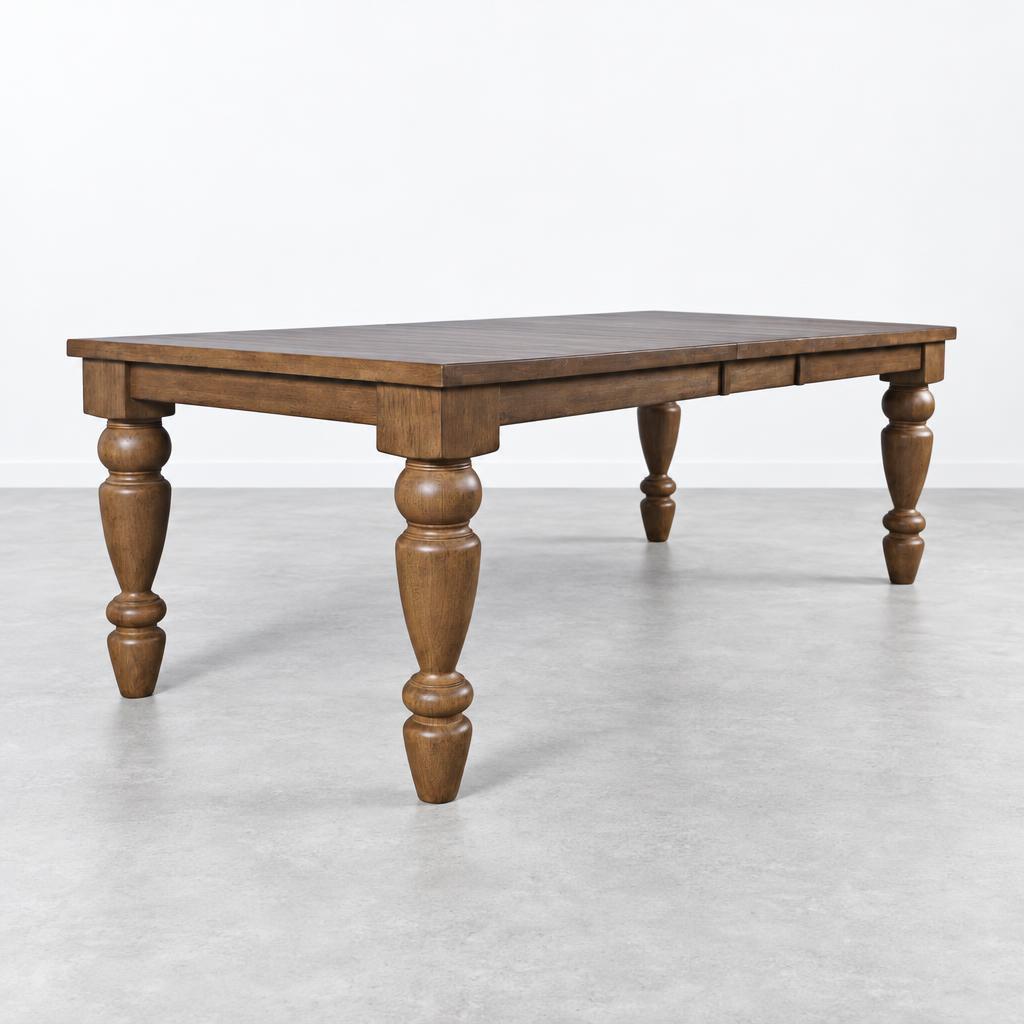 Wooden table with thick, carved legs on a simple floor.