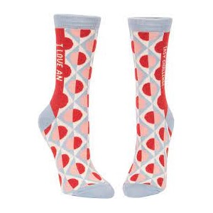 Colorful socks with red hearts and light blue accents.