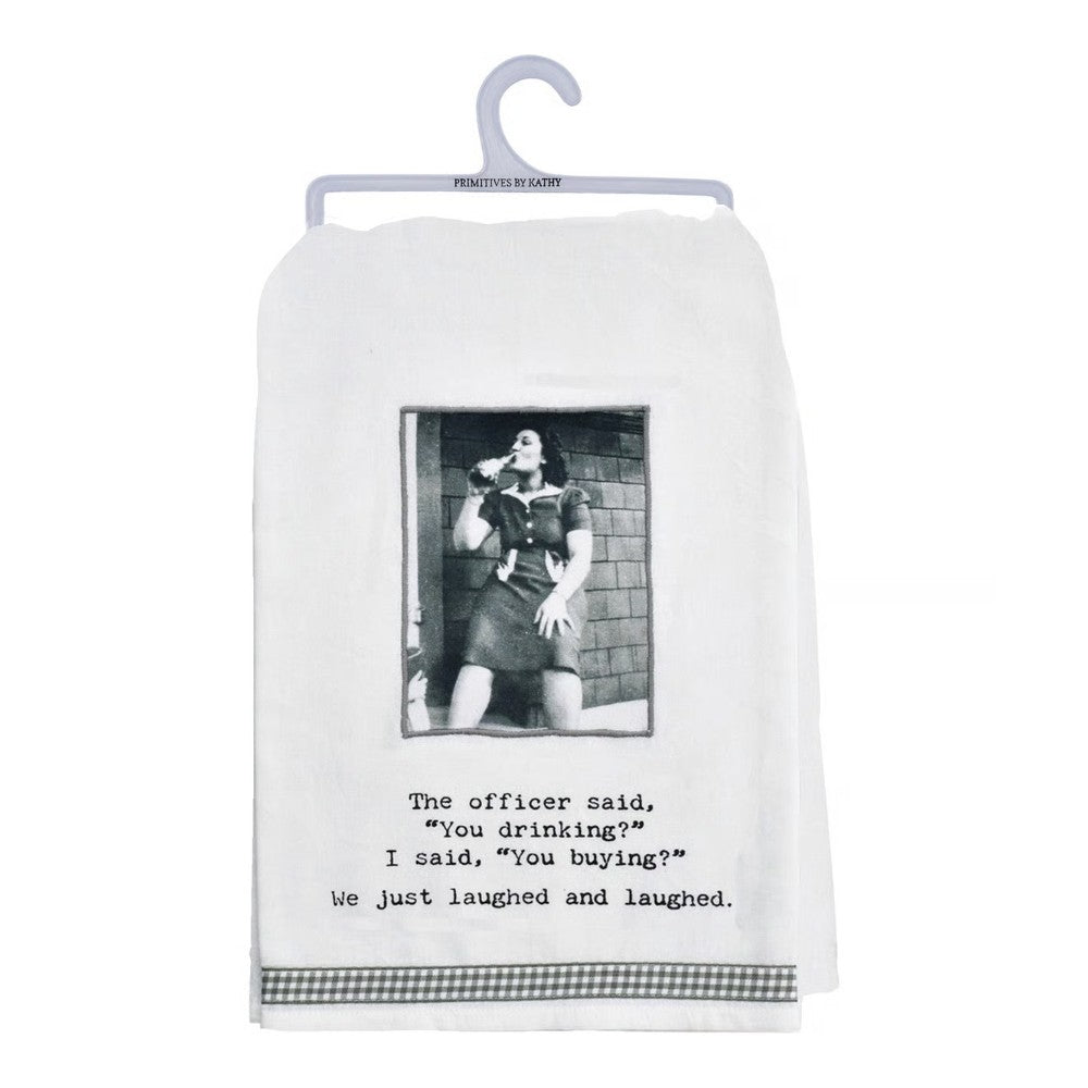 Towel with a humorous caption, featuring a vintage photo of a woman drinking.
