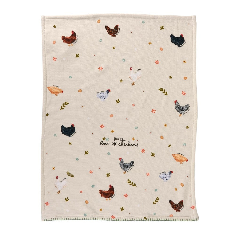 Tea towel with chicken illustrations and "for the love of chickens" text.