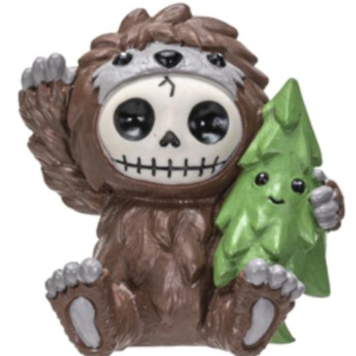 Cute skeleton-faced sloth hugging a smiling green tree.