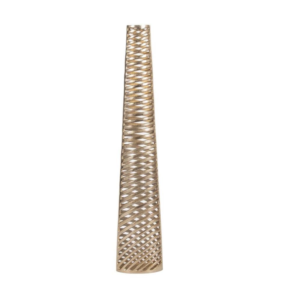 Tall, golden, spiral-patterned metal vase on a white background.