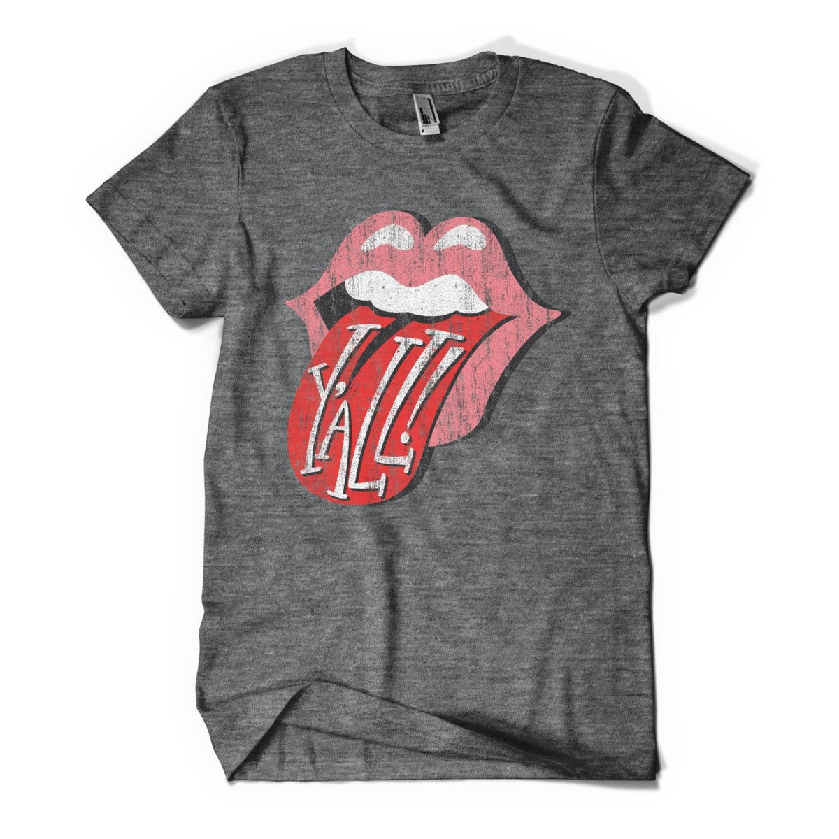Gray t-shirt with lips and "Y'all" on red tongue design.
