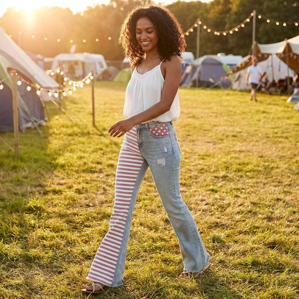 Woman smiling at outdoor festival with tents and lights in the background.
