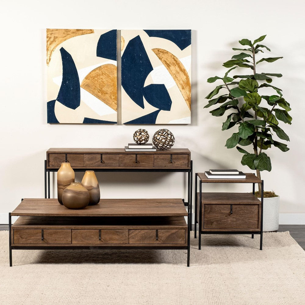 Modern living room with abstract art and wooden furniture.