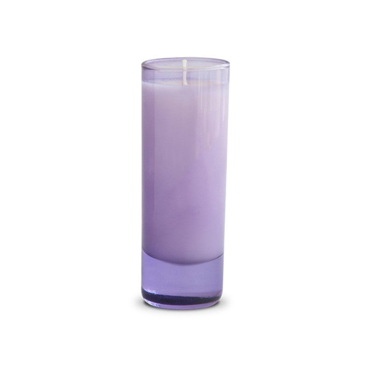 Tall lavender-colored candle in a clear glass jar.
