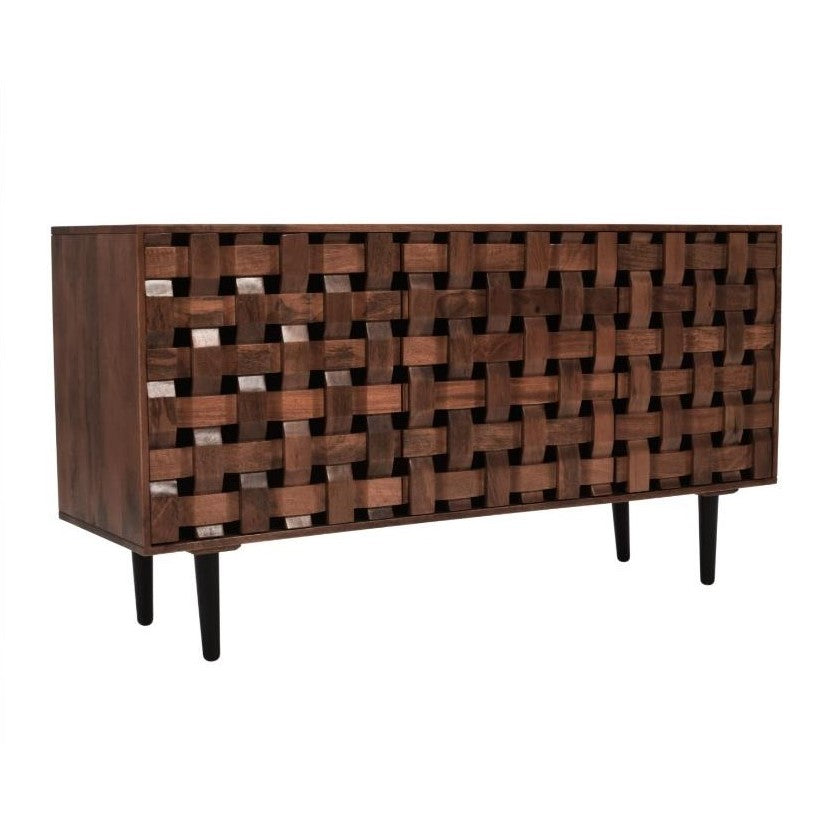 Woven wood sideboard with black legs, featuring a geometric design.