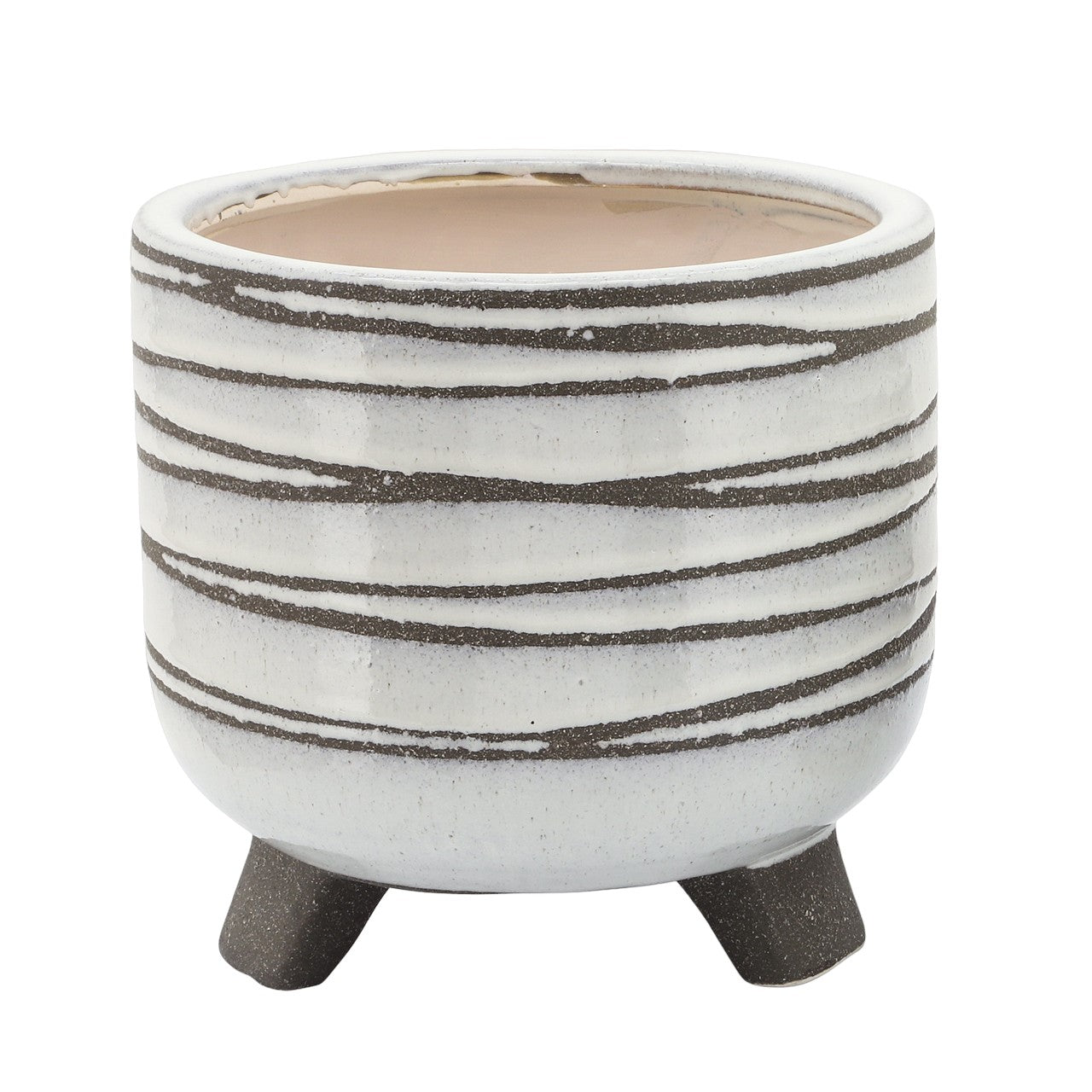 Striped ceramic pot with three short legs.