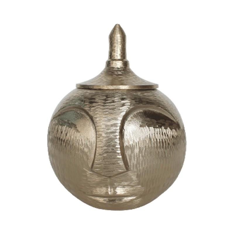 Metallic urn with a textured, abstract face design and pointed lid.