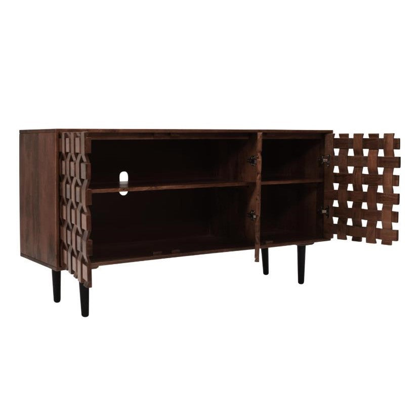 Wooden sideboard with open geometric-patterned doors.