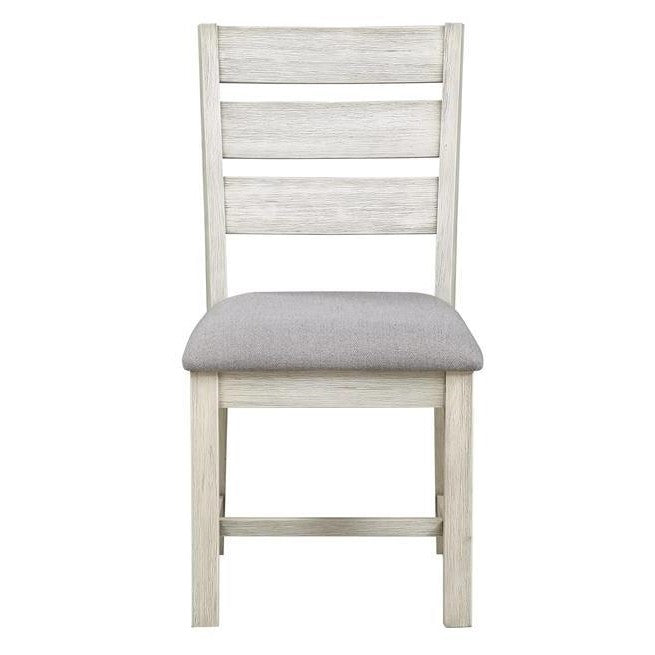 Wooden chair with gray cushioned seat.