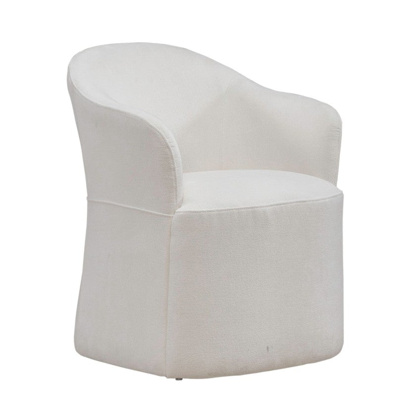 White upholstered chair with a curved backrest.