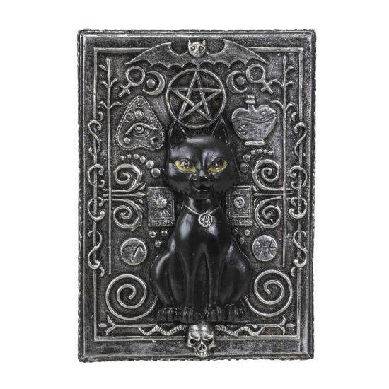 Ornate black cat and pentagram design on a gothic-style plaque.