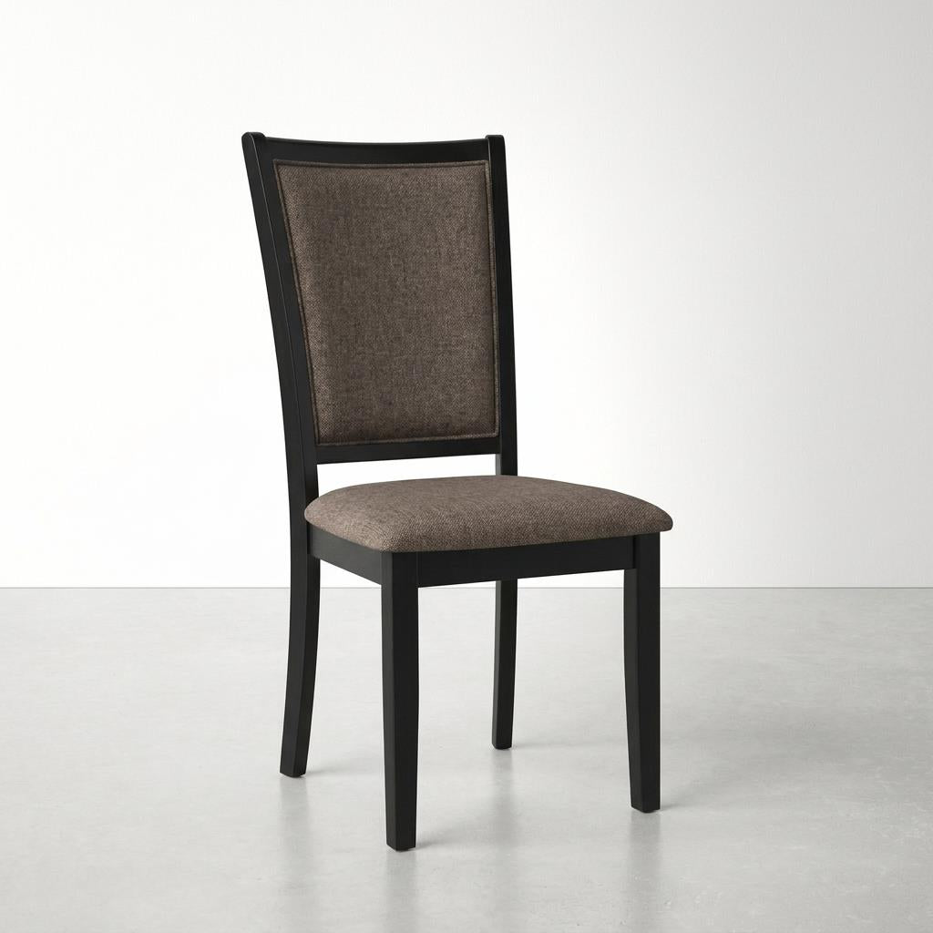 Dark wood chair with cushioned brown seat and back against a white background.