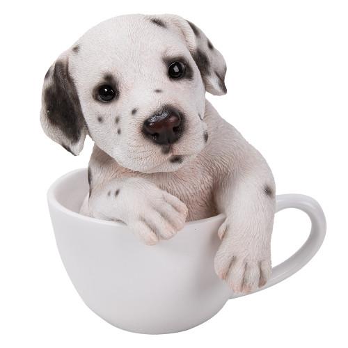Dalmatian puppy sitting adorably in a white teacup.