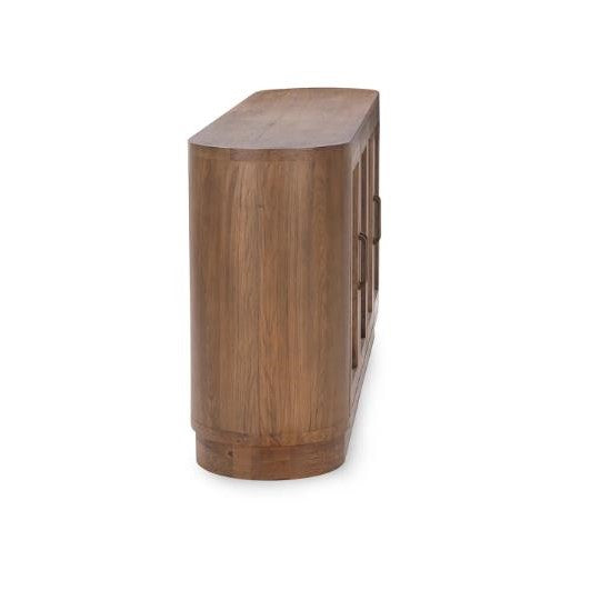 Curved wooden cabinet viewed from the side.