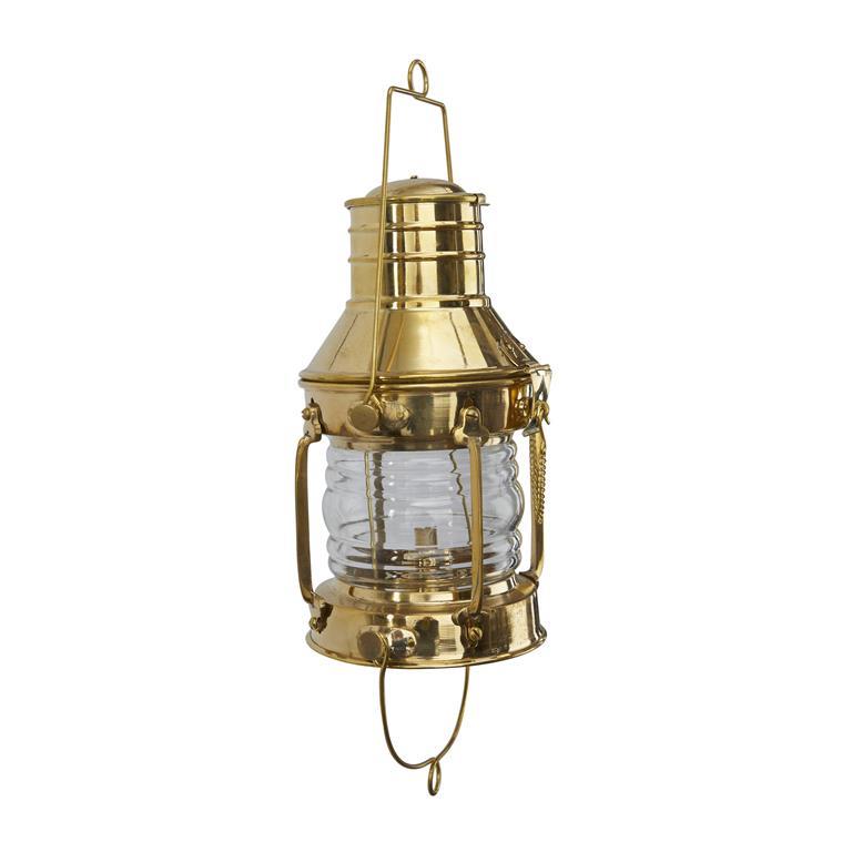 Shiny brass lantern with a clear glass center and a hanging hook.
