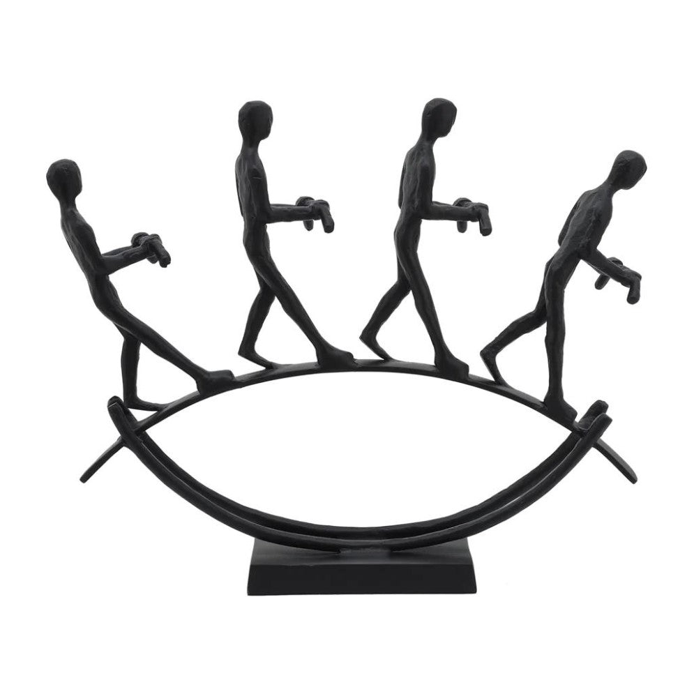 Four figures walk on a curved base, holding objects in hand.