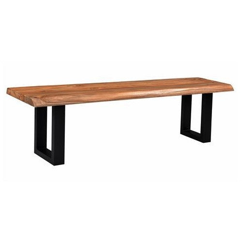 Wooden bench with black metal legs.