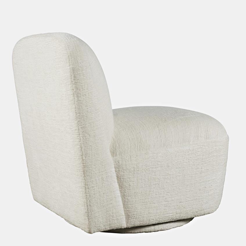 Cream-colored upholstered chair, side view.
