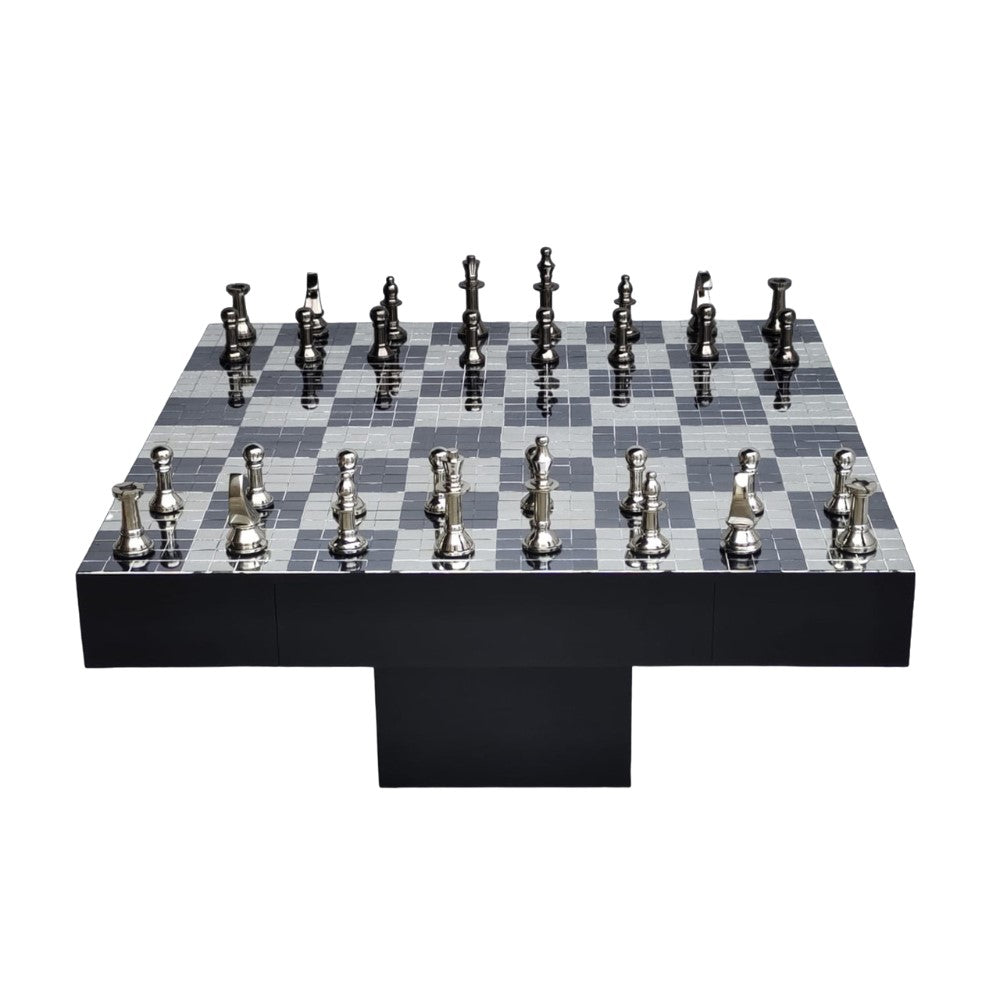 Modern chess set with metallic pieces on a mosaic board.