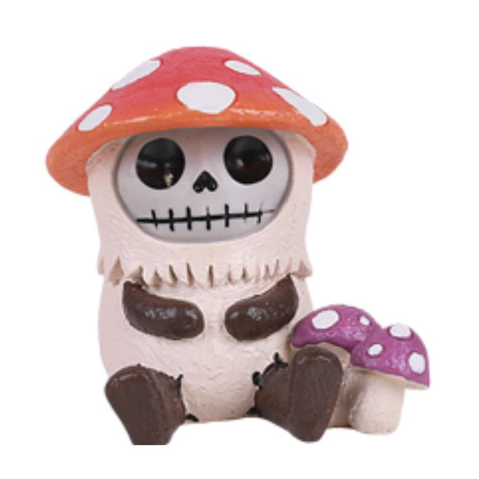 Cute mushroom figurine with a skeleton face and colorful mushroom hat.