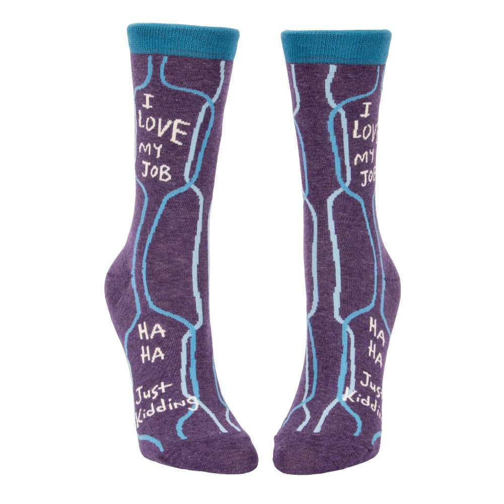 Purple socks with humorous job quote design.