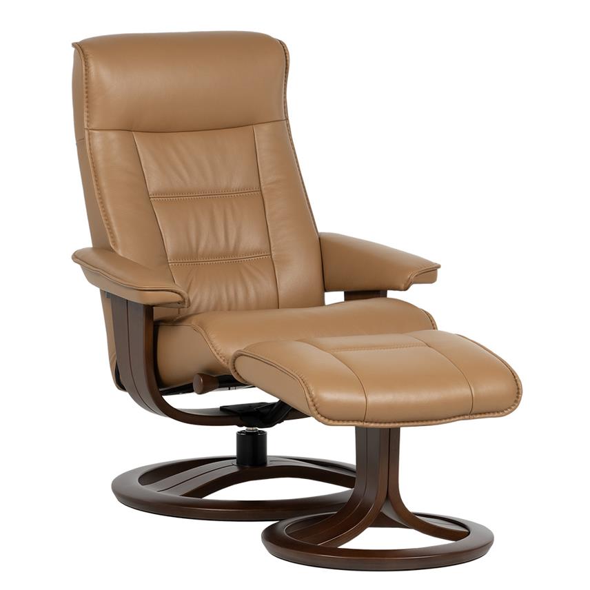 Beige leather recliner with a matching ottoman on wooden bases.