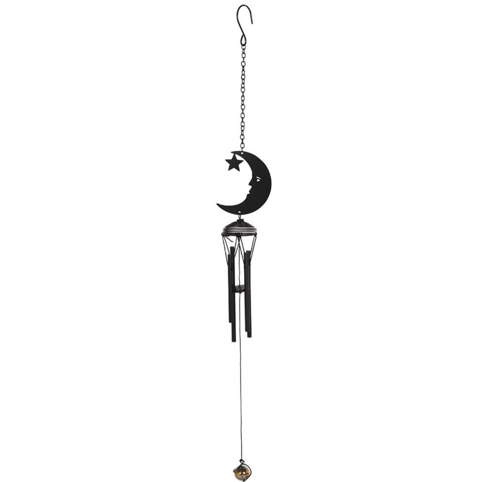 Metal wind chime with crescent moon and star design.
