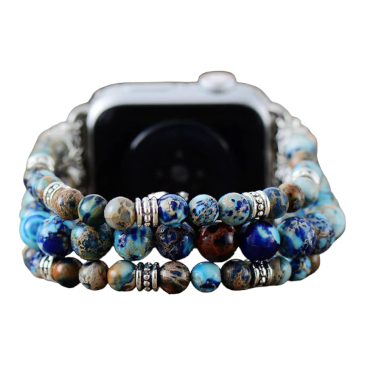 Smartwatch with a beaded, multicolored gemstone strap.
