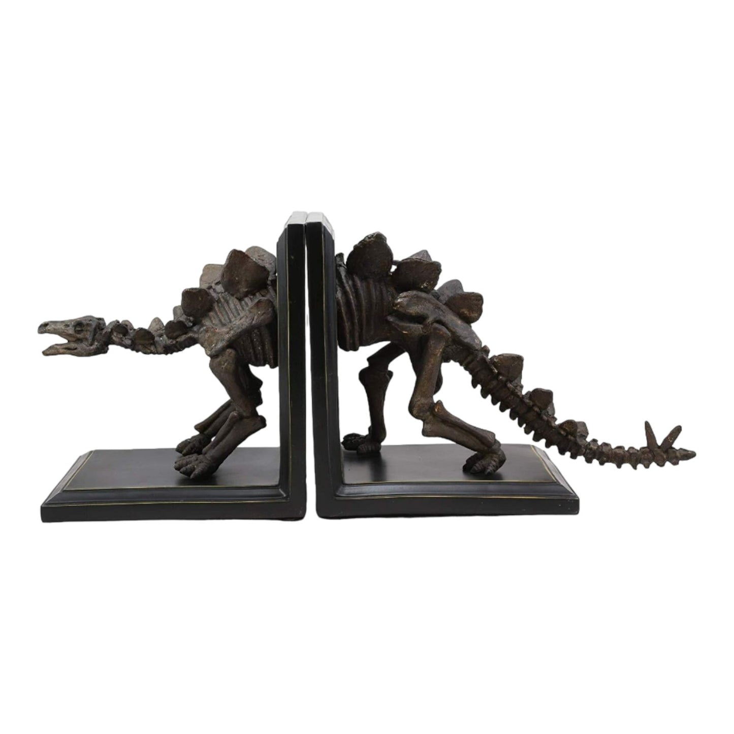 Dinosaur skeleton bookends on a white background.