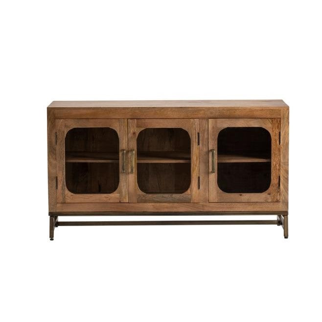Wooden cabinet with three glass doors and metal legs.