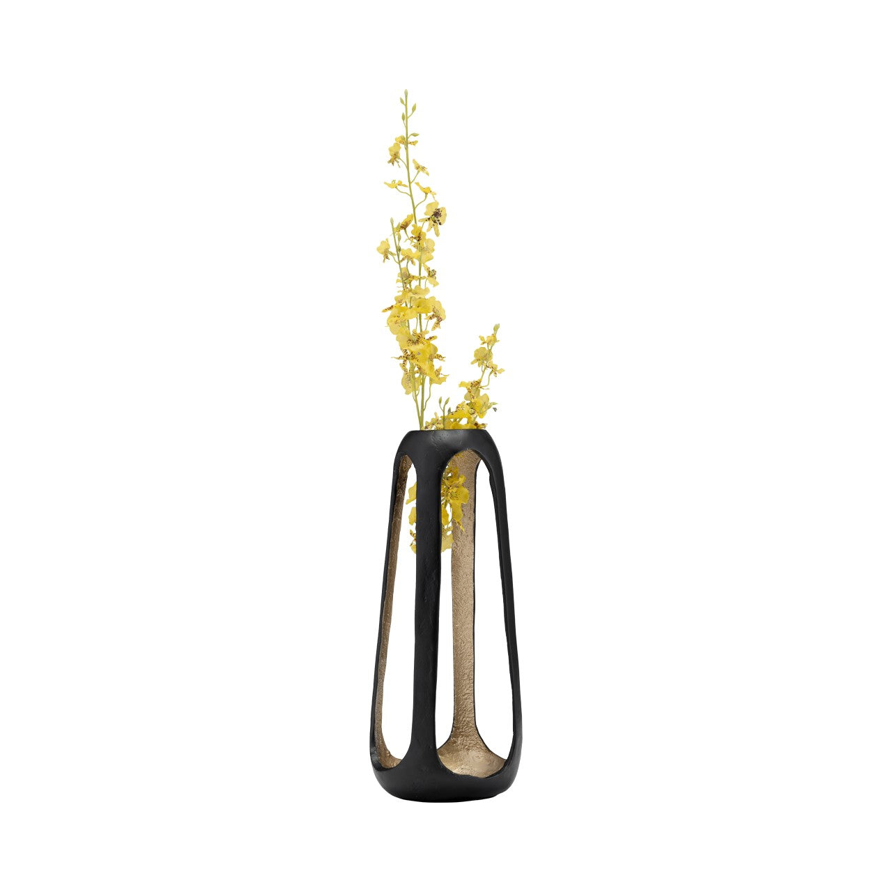 Black vase with yellow flowers on a white background.