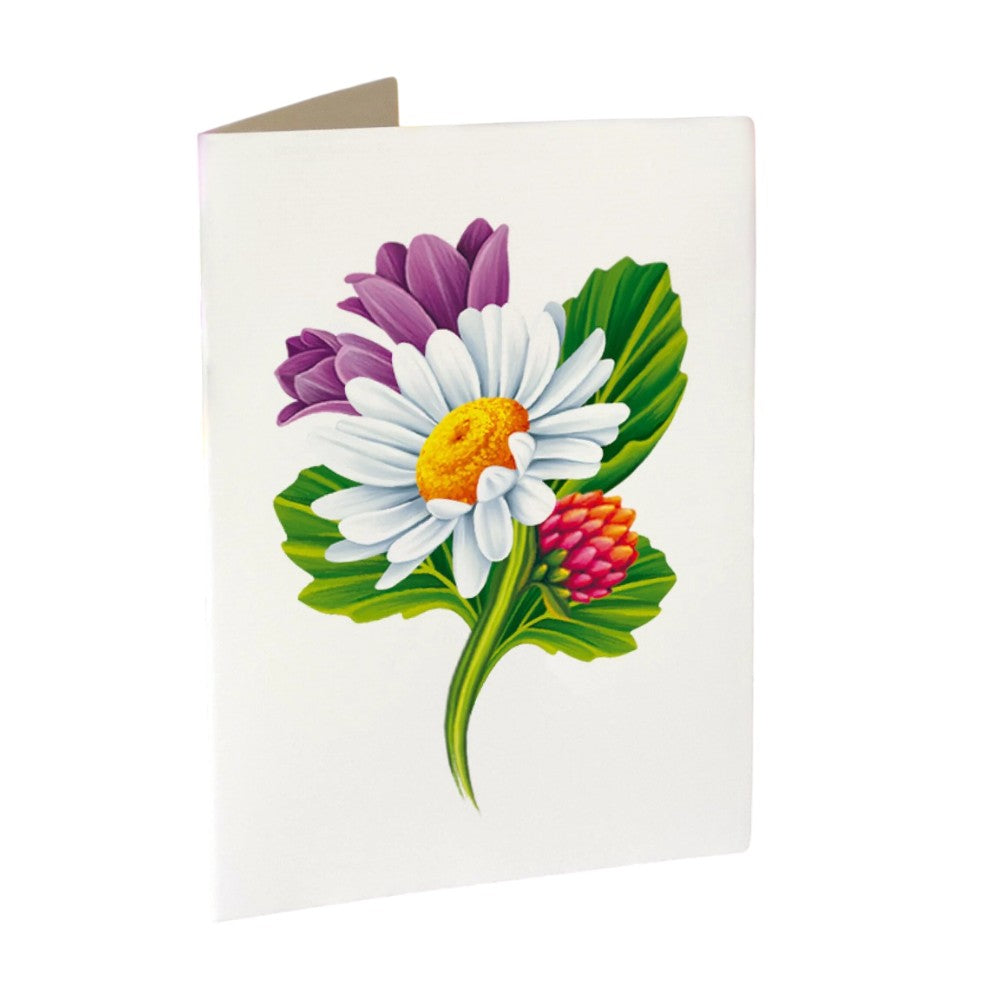 Greeting card with vibrant flower illustration on white background.