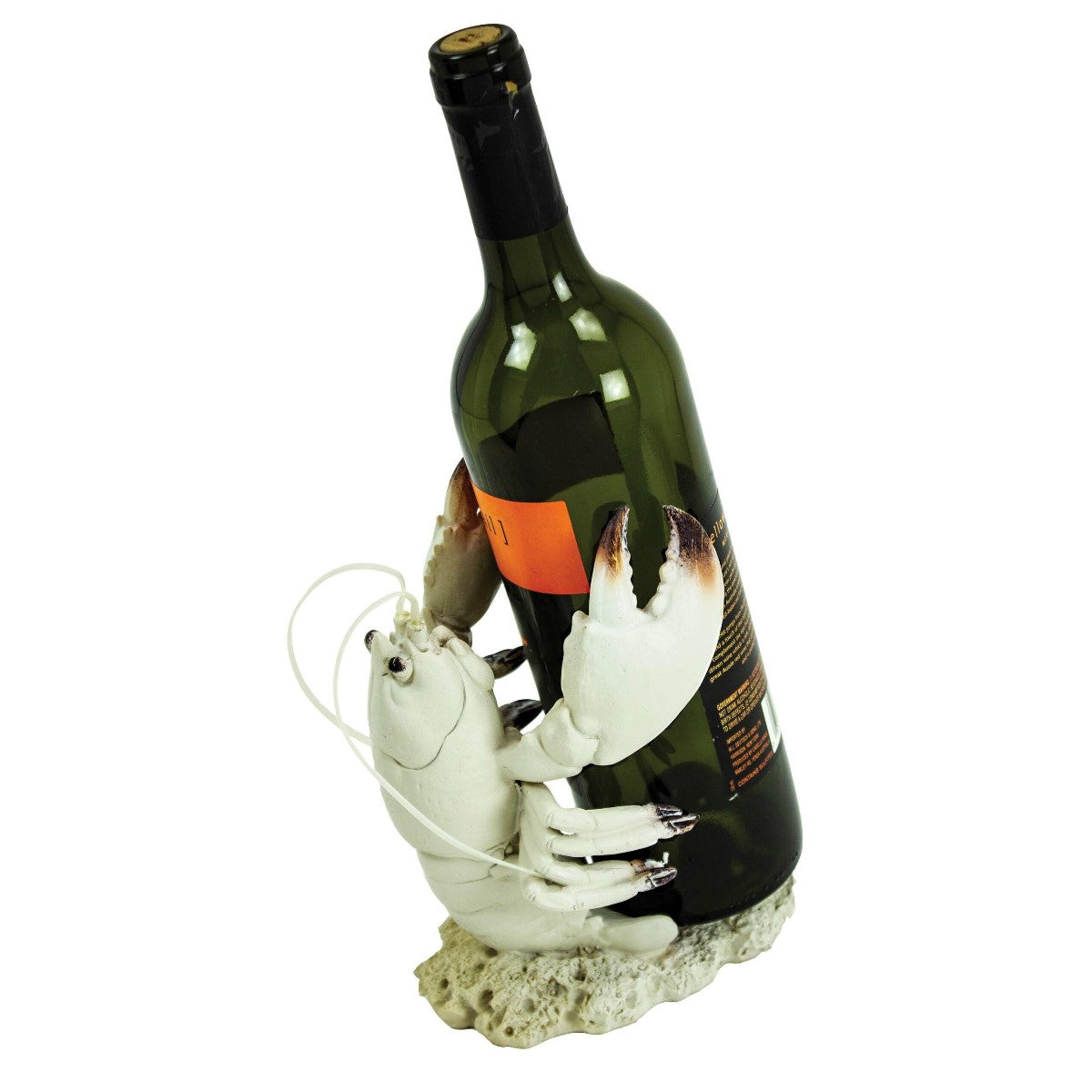 Lobster wine holder with a green bottle inside.