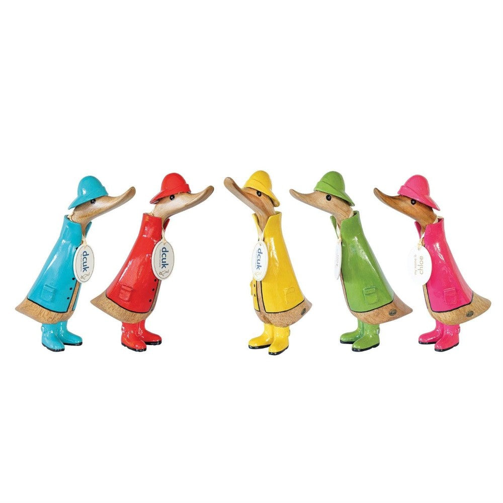 Five colorful duck figurines in raincoats and hats.