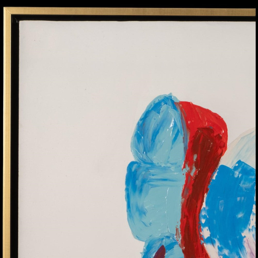 Abstract painting with bold red and blue brushstrokes framed in black and gold.
