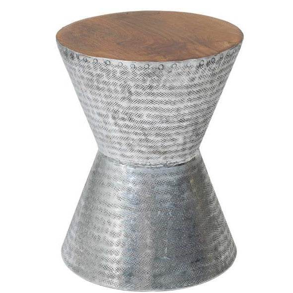 Hourglass-shaped stool with metal body and wooden top.