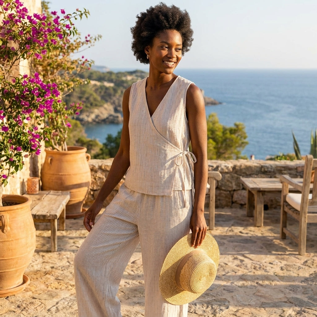 Woman in striped outfit holding hat, standing near sea with flowers and pottery.