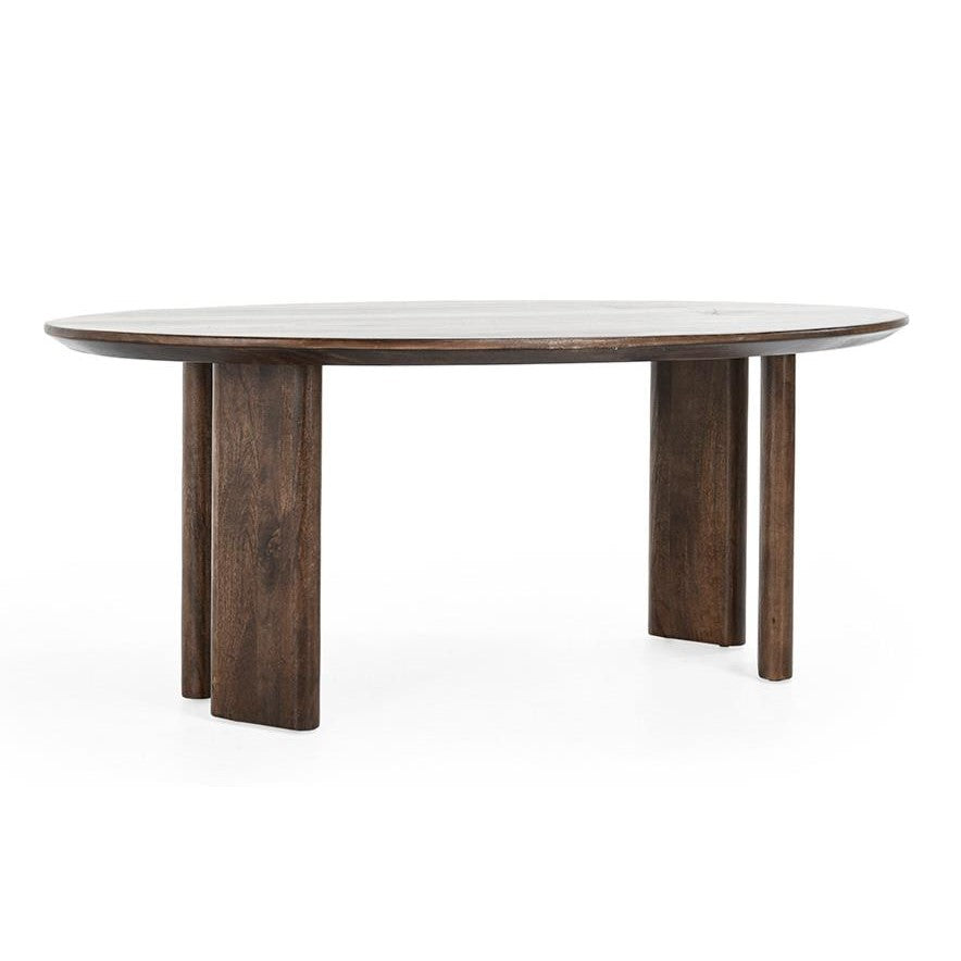 Round wooden table with thick, sturdy legs.