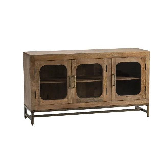 Wooden sideboard with three glass doors and metal legs.