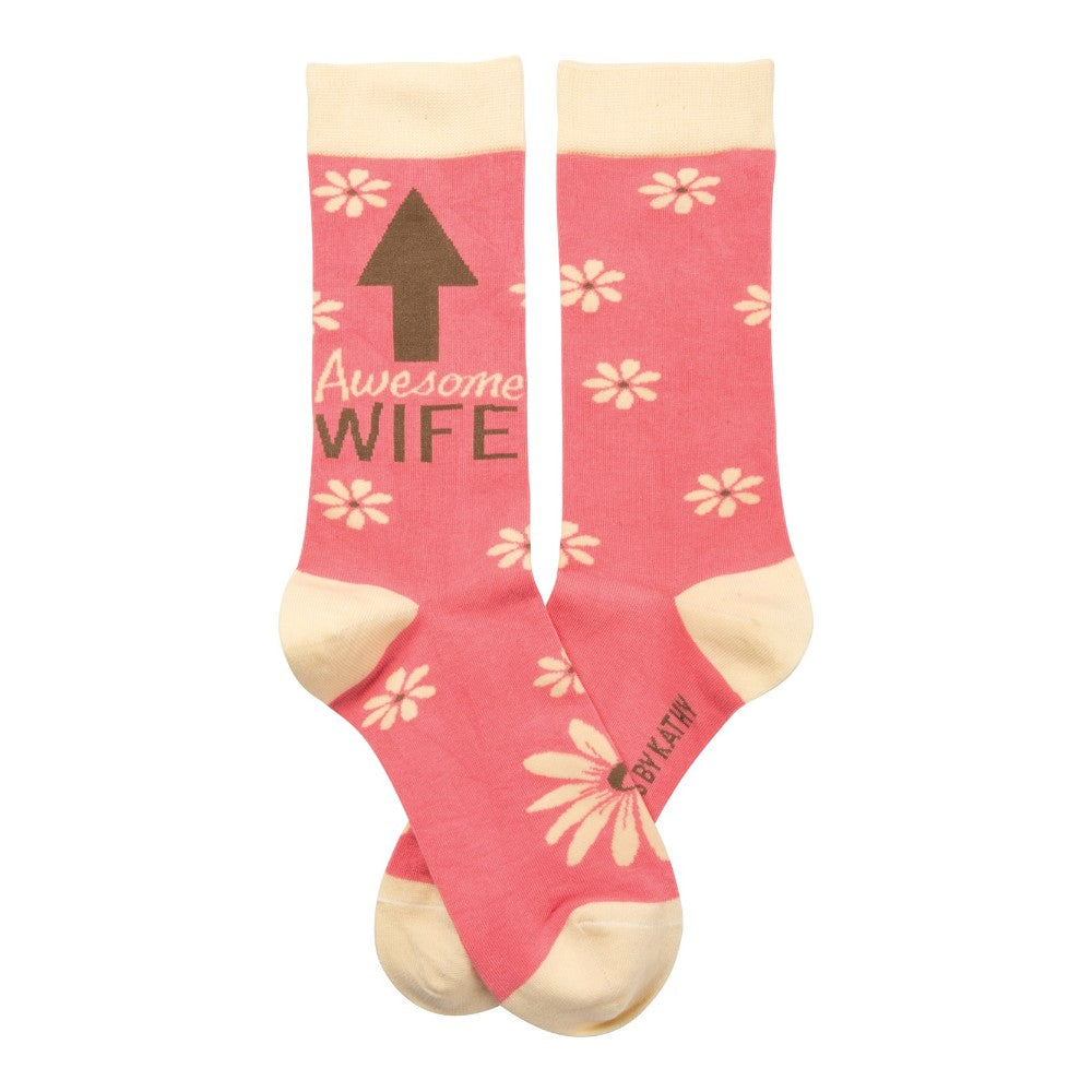 Pink socks with "Awesome Wife" text and floral pattern.