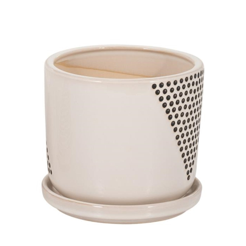 White ceramic pot with black dotted pattern and saucer.