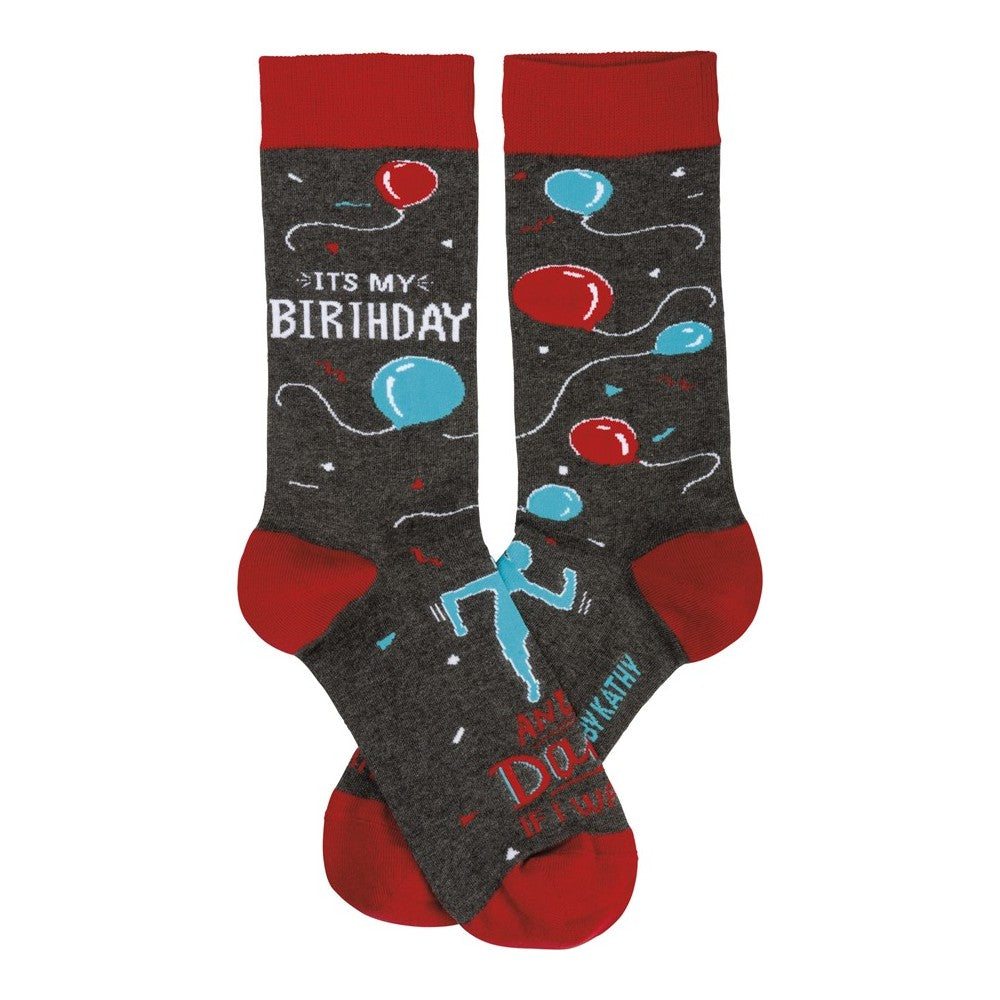 Gray socks with red accents and birthday balloons design.